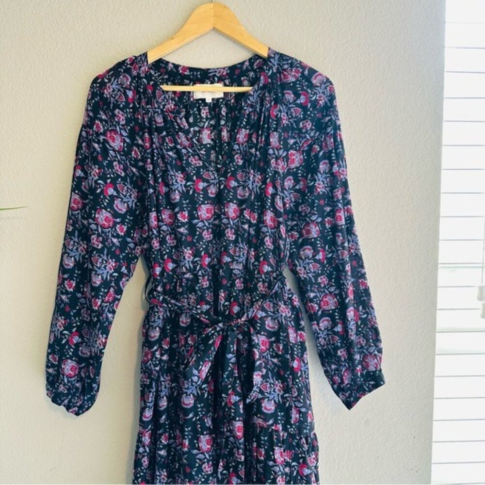 XiRENA Annieka Long Sleeve Belted Tie Midi Dress Silk Blend Floral Black Small - Picture 5 of 16